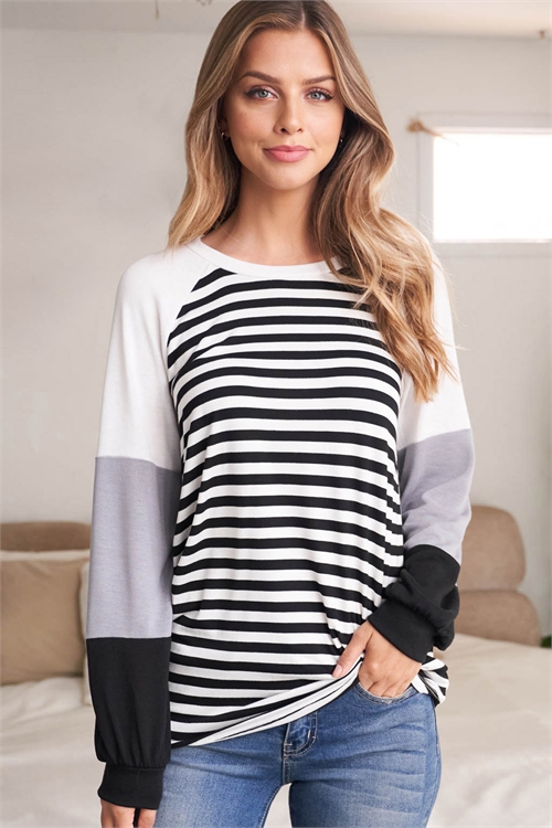 S8-13-4-PPT20692-BKIVIVCMNTBK - COLOR BLOCK LONG SLEEVE STRIPES TOP- BLACK-IVORY/IVORY/CEMENT/BLACK 1-2-2-2