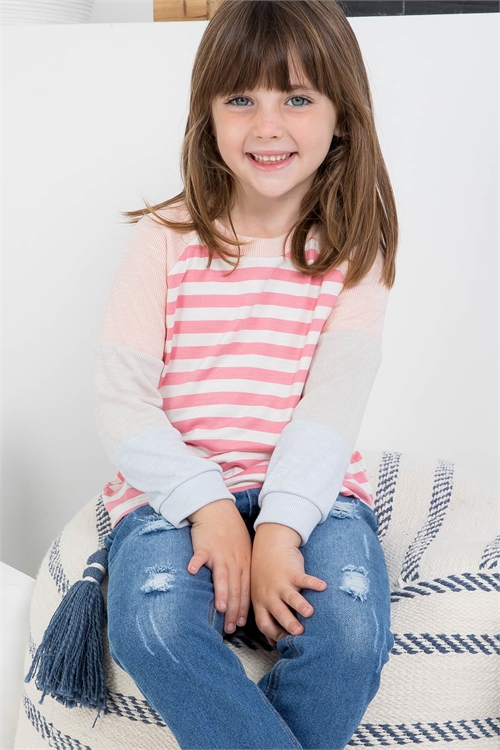 S8-11-4-PPT20692TK-IVSTBRY-1 - KIDS COLOR BLOCK SLEEVE STRIPES TOP- IVORY-STRAWBRERRY/PEACH/OATMEAL/ICE BLUE 1-1-1-1-0-1-1-1