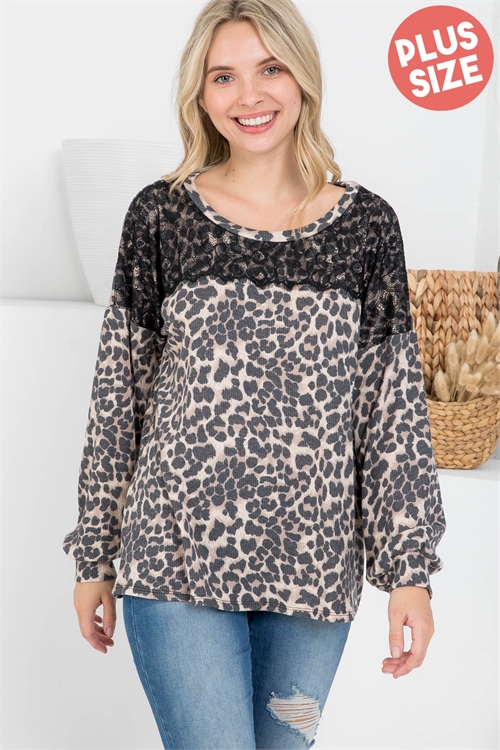 S11-13-3-PPT20693X-GYBK-1 - PLUS SIZE LACE DETAIL LONG SLEEVE LEOPARD TOP- GREY/BLACK 2-2-0