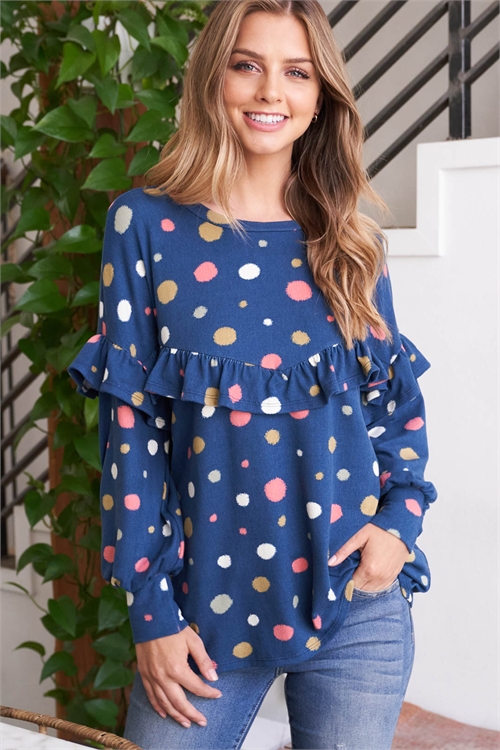 S14-10-2-PPT20694-NV-1 - LONG SLEEVE POLKA DOT SHIRRING DETAIL TOP- NAVY 0-2-1-2