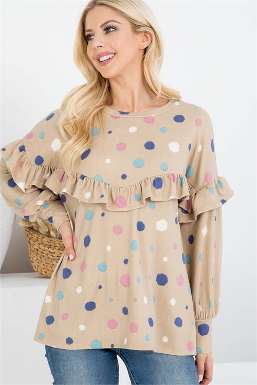 S14-10-2-PPT20694-TP-1 - LONG SLEEVE POLKA DOT SHIRRING DETAIL TOP- TAUPE 0-2-2-2