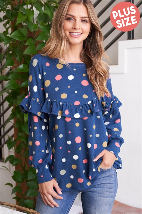 S13-4-2-PPT20694X-NV - PLUS SIZE LONG SLEEVE POLKA DOT SHIRRING DETAIL TOP- NAVY 3-2-1 (NOW $ 7.75 ONLY!)