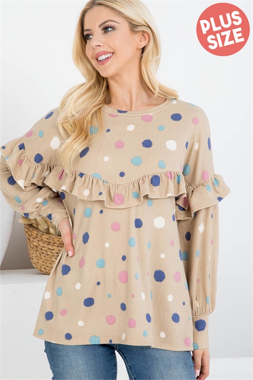 S10-14-2-PPT20694X-TP - PLUS SIZE LONG SLEEVE POLKA DOT SHIRRING DETAIL TOP- TAUPE 3-2-1 (NOW $ 7.75 ONLY!)