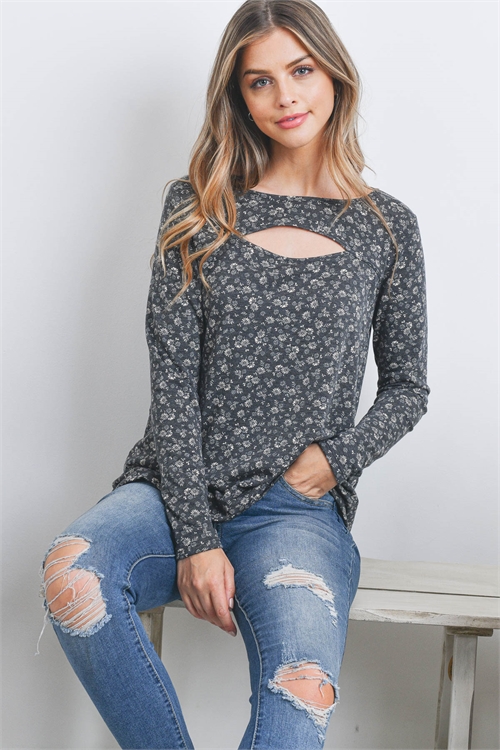 S10-12-2-PPT20695-BKCB-1 - CUT OUT FRONT LONG SLEEVE FLORAL TOP- BLACK COMBO 1-2-1-2