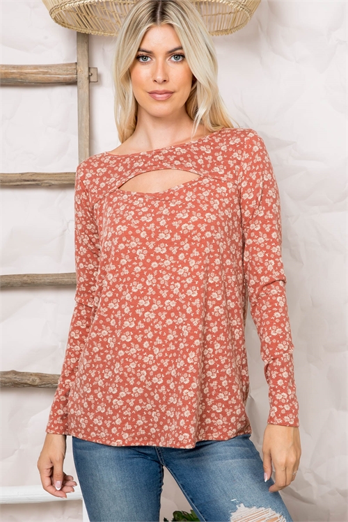 S10-12-2-PPT20695-BRKCB-1 - CUT OUT FRONT LONG SLEEVE FLORAL TOP- BRICK COMBO 1-2-1-2