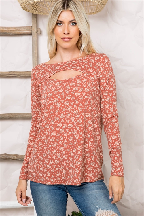 S14-7-3-PPT20695-BRKCB - CUT OUT FRONT LONG SLEEVE FLORAL TOP- BRICK COMBO 1-2-2-2