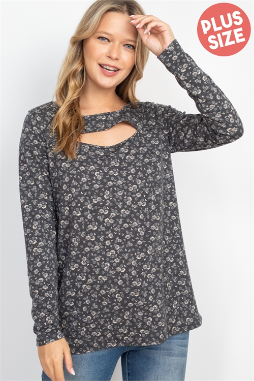 S11-20-1-PPT20695X-BKCB-1 - PLUS SIZE CUT OUT FRONT LONG SLEEVE FLORAL TOP- BLACK COMBO 3-2-0