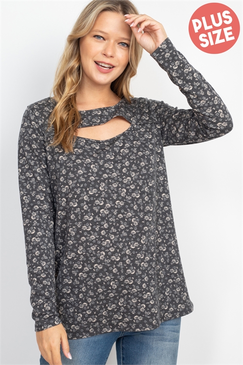 S14-4-3-PPT20695X-BKCB - PLUS SIZE CUT OUT FRONT LONG SLEEVE FLORAL TOP- BLACK COMBO 3-2-1