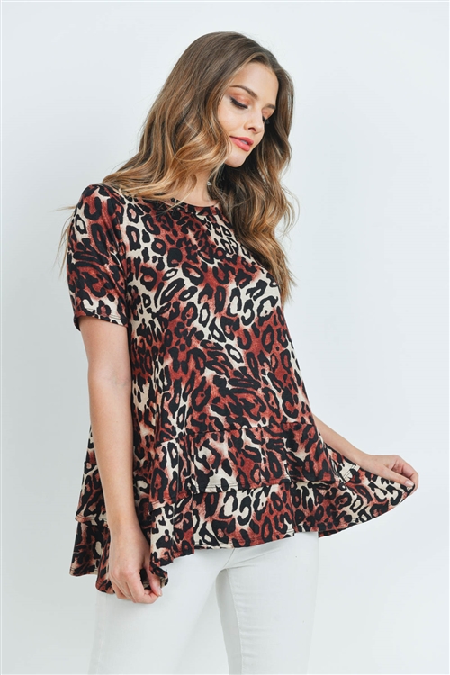 SA3-00-3-PPT2069SS-WN-1 - SHORT SLEEVES LAYERED RUFFLE HEM ROUND NECK LEOPARD TOP- WINE 1-2-0-2