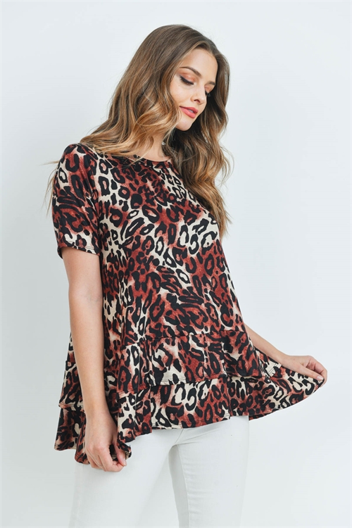 C42-A-1-PPT2069SS-WN - SHORT SLEEVES LAYERED RUFFLE HEM ROUND NECK LEOPARD TOP- WINE 1-2-2-2