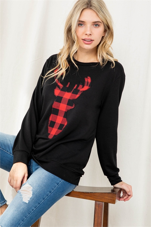 S15-1-4-PPT2070-BK-1 - FRENCH TERRY LONG SLEEVE PLAID REINDEER PRINT TOP- BLACK 0-1-1-0