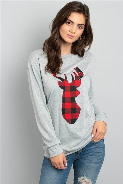 S9-2-2-PPT2070-HG-1 - FRENCH TERRY LONG SLEEVE PLAID REINDEER PRINT TOP- HEATHER GREY 0-2-2-1