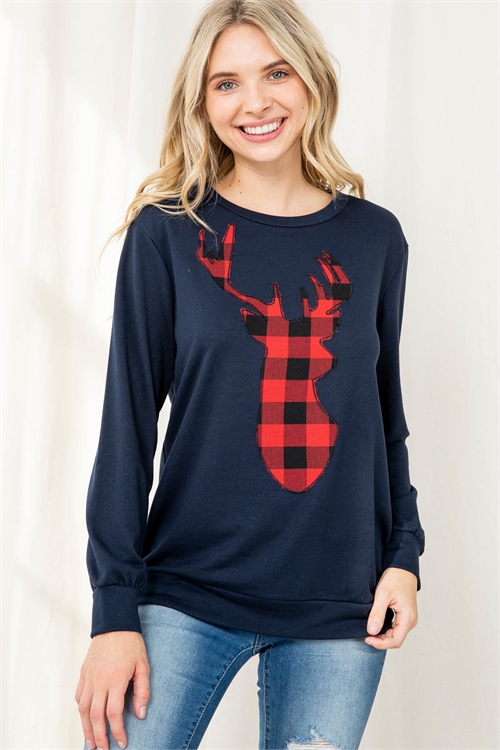 S9-2-3-PPT2070-NV2T - FRENCH TERRY LONG SLEEVE PLAID REINDEER PRINT TOP- NAVY 2TONE 1-2-2-2