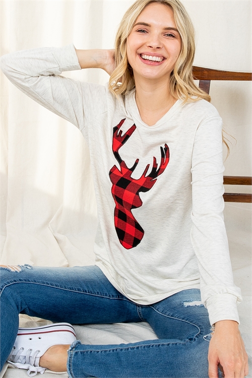 S15-1-4-PPT2070-OTM-1 - FRENCH TERRY LONG SLEEVE PLAID REINDEER PRINT TOP- OATMEAL 0-1-2-1