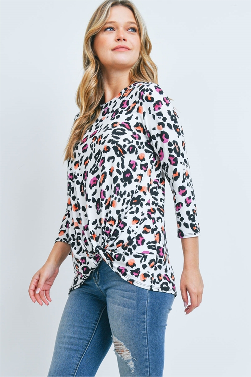 C34-B-PPT20700-PKCB-A -TWIST FRONT QUARTER SLEEVE LEOPARD TOP-PINK COMBO 1-7-1-2