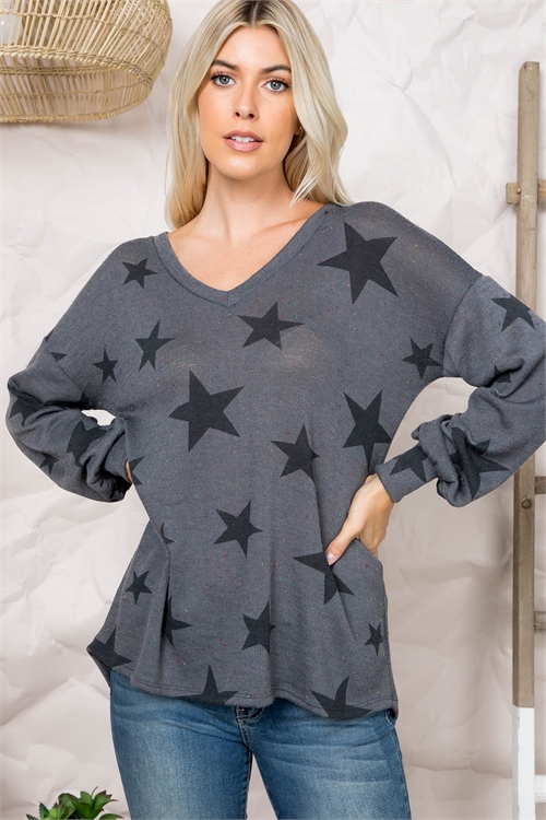 S13-10-1-PPT20702-CHL - V-NECK LONG SLEEVE STAR PRINT MT DOT TOP- CHARCOAL 1-2-2-2 (NOW $6.75 ONLY!)