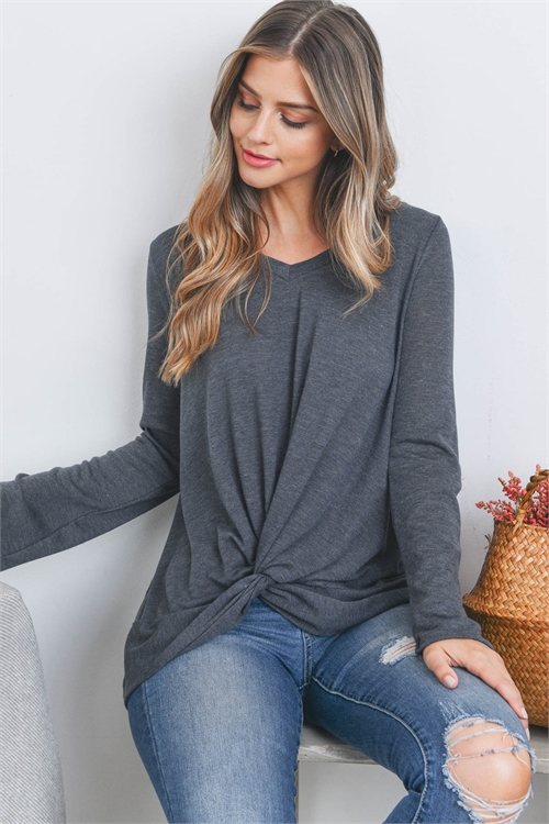 S9-17-2-PPT20703-CHL2T-1 - BELL SLEEVE V-NECK TWIST FRONT SOLID TOP- CHARCOAL 2TONE 0-2-2-2