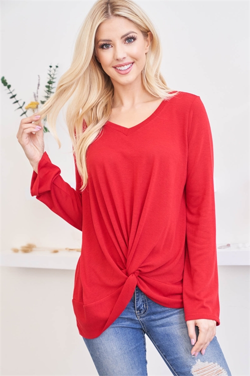 S14-4-1-PPT20703-RD - BELL SLEEVE V-NECK TWIST FRONT SOLID TOP- RED 1-2-2-2