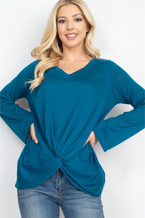 S9-17-2-PPT20703-TL-1 - BELL SLEEVE V-NECK TWIST FRONT SOLID TOP- TEAL 1-2-1-2