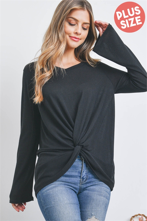 S12-11-3-PPT20703X-BK-1 - PLUS SIZE BELL SLEEVE V-NECK TWIST FRONT SOLID TOP- BLACK 1-2-1