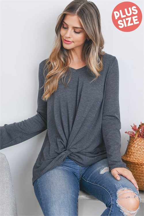 S12-11-3-PPT20703X-CHL2T-1 - PLUS SIZE BELL SLEEVE V-NECK TWIST FRONT SOLID TOP- CHARCOAL 2TONE 1-2-1