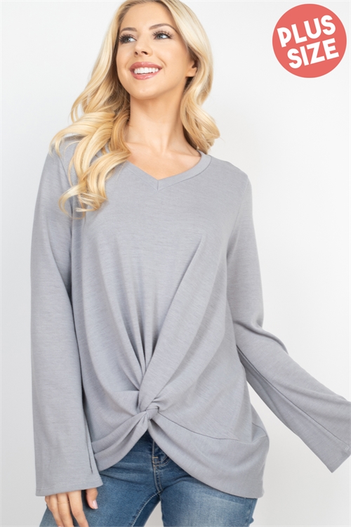 C34-B-PPT20703X-CMT-A - BELL SLEEVE V-NECK TWIST FRONT SOLID TOP- CEMENT 1-7-1