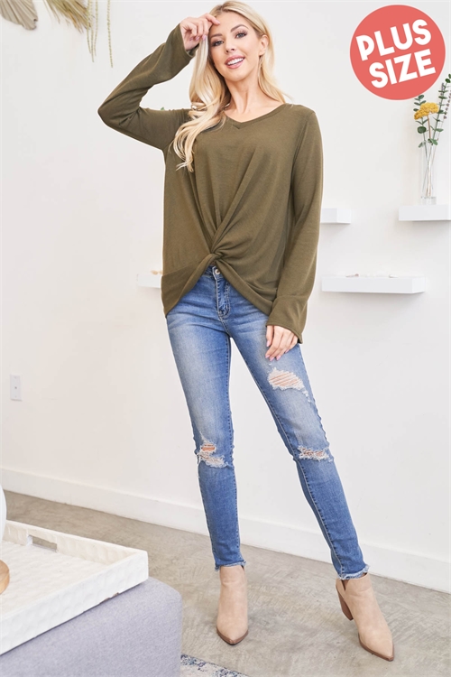 S8-1-1-PPT20703X-OV - PLUS SIZE BELL SLEEVE V-NECK TWIST FRONT SOLID TOP- OLIVE 3-2-1