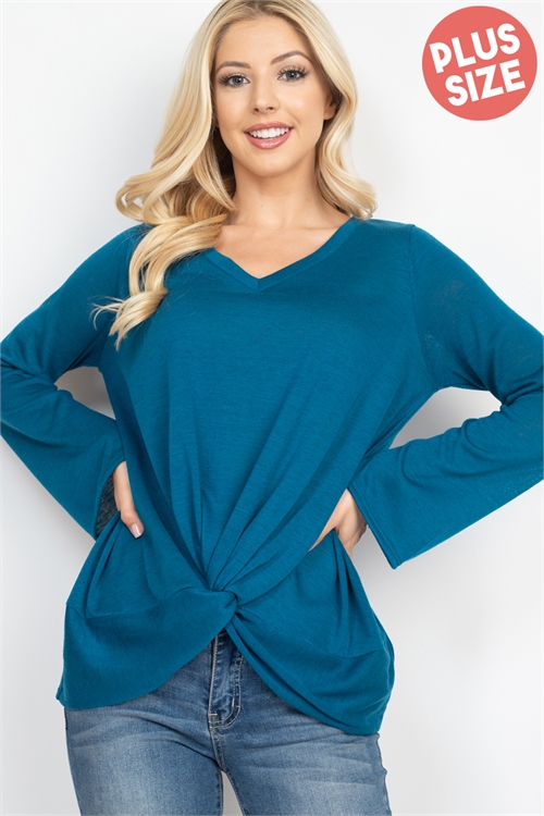 S11-13-4-PPT20703X-TL - PLUS SIZE BELL SLEEVE V-NECK TWIST FRONT SOLID TOP- TEAL 3-2-1