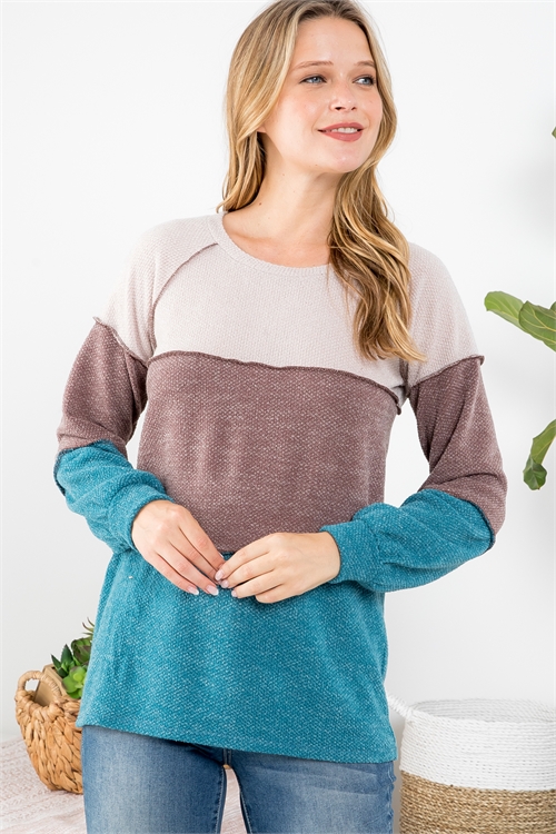 S9-3-2-PPT20704-TPBWNTL - DRAKE COLOR BLOCK LONG SLEEVE TOP- TAUPE/BROWN/TEAL 1-2-2-2 (NOW $4.75 ONLY!)