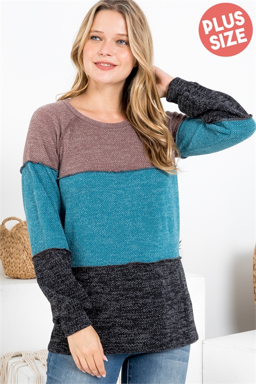 S10-6-2-PPT20704X-BWNTLBK - PLUS SIZE DRAKE COLOR BLOCK LONG SLEEVE TOP- BROWN/TEAL/BLACK 3-2-1