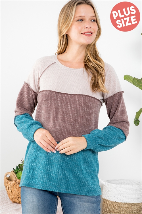S10-6-2-PPT20704X-TPBWNTL - PLUS SIZE DRAKE COLOR BLOCK LONG SLEEVE TOP- TAUPE/BROWN/TEAL 3-2-1