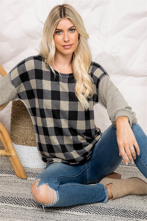 S11-20-1-PPT20706-OTMBKCC-1 - OVERLOCK STITCH PLAID LONG SLEEVE TOP- OATMEAL-BLACK/COCO 0-2-0-3