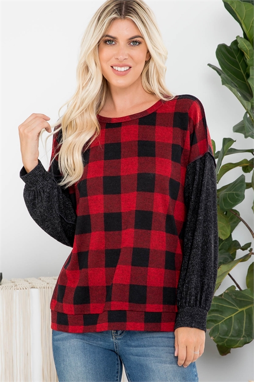 S11-20-1-PPT20706-RDBKBK2T-1 - OVERLOCK STITCH PLAID LONG SLEEVE TOP- RED-BLACK/BLACK 2TONE 1-1-2-2