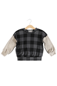 S9-12-4-PPT20706TK-BKCHLCC - KIDS OVERLOCK STITCH PLAID LONG SLEEVE TOP- BLACK CHARCOAL/COCO 1-1-1-1-1-1-1-1