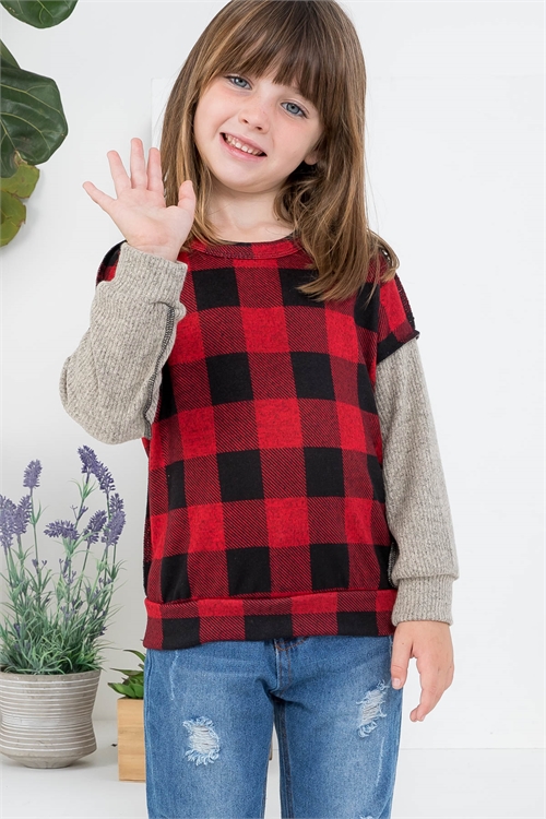 S10-20-2-PPT20706TK-BKRDCC - KIDS OVERLOCK STITCH PLAID LONG SLEEVE TOP- BLACK-RED/COCO 1-1-1-1-1-1-1-1