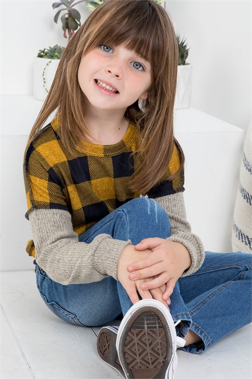 S10-11-2-PPT20706TK-NVMUCC - KIDS OVERLOCK STITCH PLAID LONG SLEEVE TOP- NAVY-MUSTARD/COCO 1-1-1-1-1-1-1-1