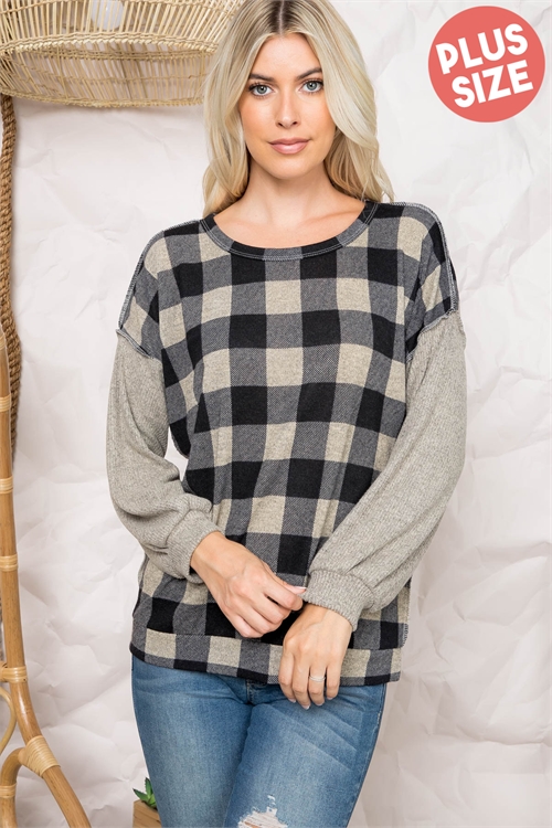 S8-1-2-PPT20706X-OTMBKCC - PLUS SIZE OVERLOCK STITCH PLAID LONG SLEEVE TOP- OATMEAL-BLACK/COCO 3-2-1