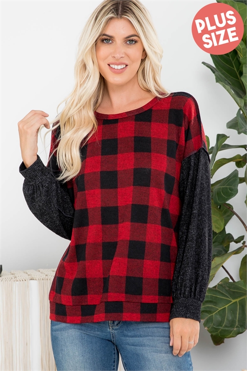 S8-1-2-PPT20706X-RDBKBK2T - PLUS SIZE OVERLOCK STITCH PLAID LONG SLEEVE TOP- RED-BLACK/BLACK 2TONE 3-2-1