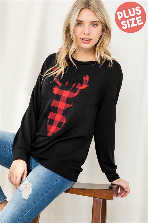 S10-15-4-PPT2070X-BKJT-1 - PLUS SIZE FRENCH TERRY LONG SLEEVE PLAID REINDEER PRINT TOP- BLACK JET 2-2-1