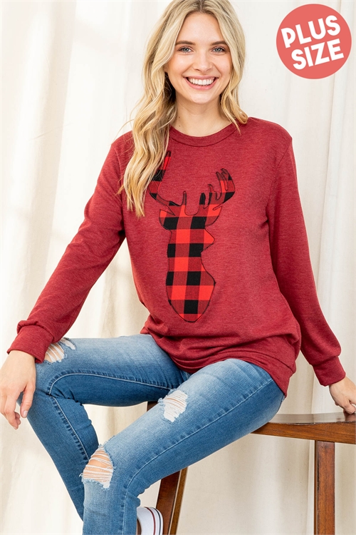 S10-15-4-PPT2070X-BU2T-1 - PLUS SIZE FRENCH TERRY LONG SLEEVE PLAID REINDEER PRINT TOP- BURGUNDY 2TONE 2-1-1