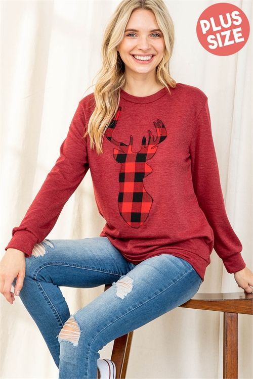 S11-19-4-PPT2070X-BU2T - PLUS SIZE FRENCH TERRY LONG SLEEVE PLAID REINDEER PRINT TOP- BURGUNDY 2TONE 3-2-1