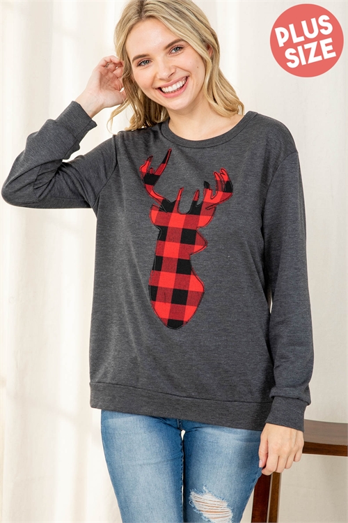 S10-15-4-PPT2070X-CHL2T-1 - PLUS SIZE FRENCH TERRY LONG SLEEVE PLAID REINDEER PRINT TOP- CHARCOAL 2TONE 3-1-1