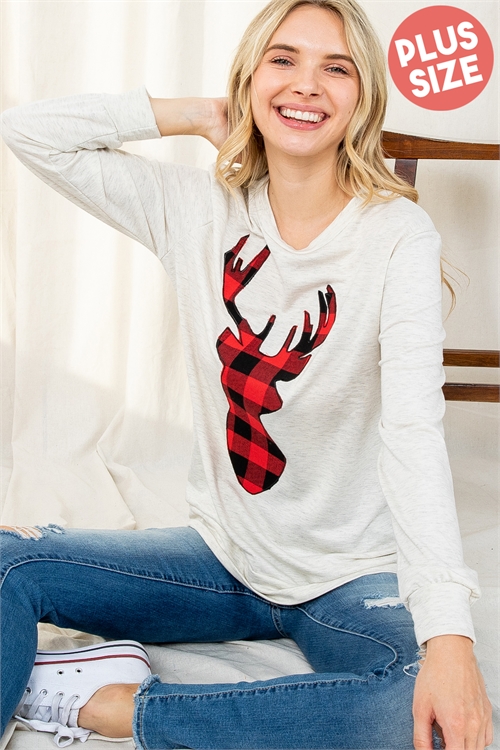 S10-15-4-PPT2070X-OTM-1 - PLUS SIZE FRENCH TERRY LONG SLEEVE PLAID REINDEER PRINT TOP- OATMEAL 2-2-1