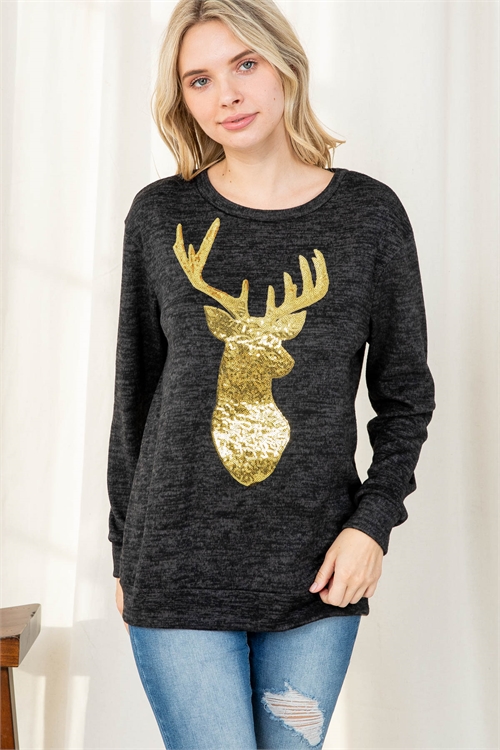 S9-14-2-PPT2071-CHL-1 - BRUSHED HACCI SEQUINS REINDEER SHAPE TOP- CHARCOAL 0-2-2-3