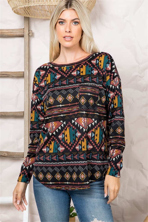 SA3-0-3-PPT20713-BK - BOHO PRINT LONG SLEEVE DOLHPIN HEM TOP- BLACK 1-2-2-2