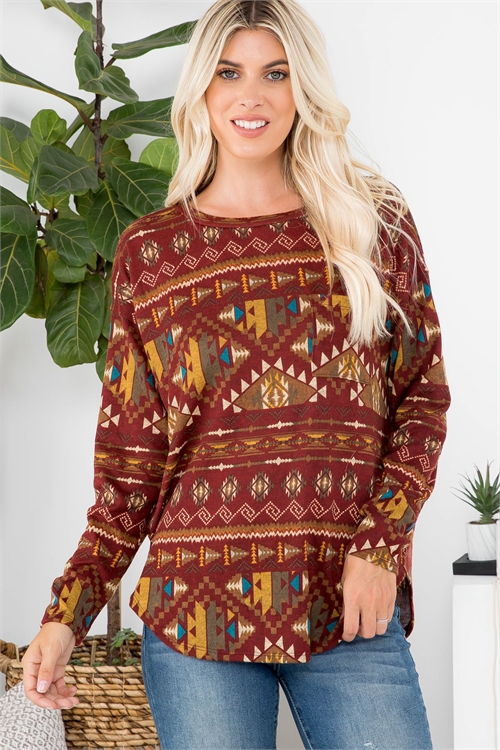 C66-B-PPT20713-BU-A -BOHO PRINT LONG SLEEVE DOLHPIN HEM TOP-BURGUNDY 4-0-1-2