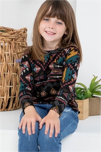 S9-14-4-PPT20713TK-BK - KIDS BOHO PRINT LONG SLEEVE DOLHPIN HEM TOP- BLACK 1-1-1-1-1-1-1-1