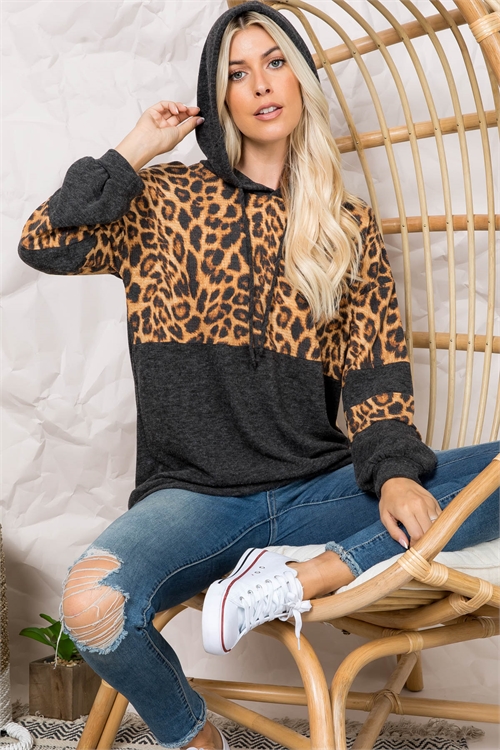 S6-9-1-PPT20714-BKCML - LEOPARD CONTRAST SELF TIE PULLOVER HOODIE- BLACK/CAMEL 1-2-2-2