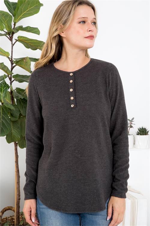 S10-5-3-PPT20719-2TCHL - BUTTON DETAIL LONG SLEEVE ROUND HEM SOLID TOP- 2TONE CHARCOAL 1-2-2-2