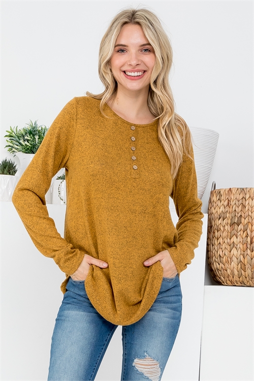 S8-13-2-PPT20719-MU-1 - BUTTON DETAIL LONG SLEEVE ROUND HEM SOLID TOP- MUSTARD 0-1-1-2